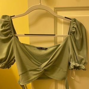 Green tie around crop top